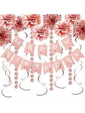 Rose Gold Birthday Decorations Party Set Banner Balloons Pom Poms Kit Decor
